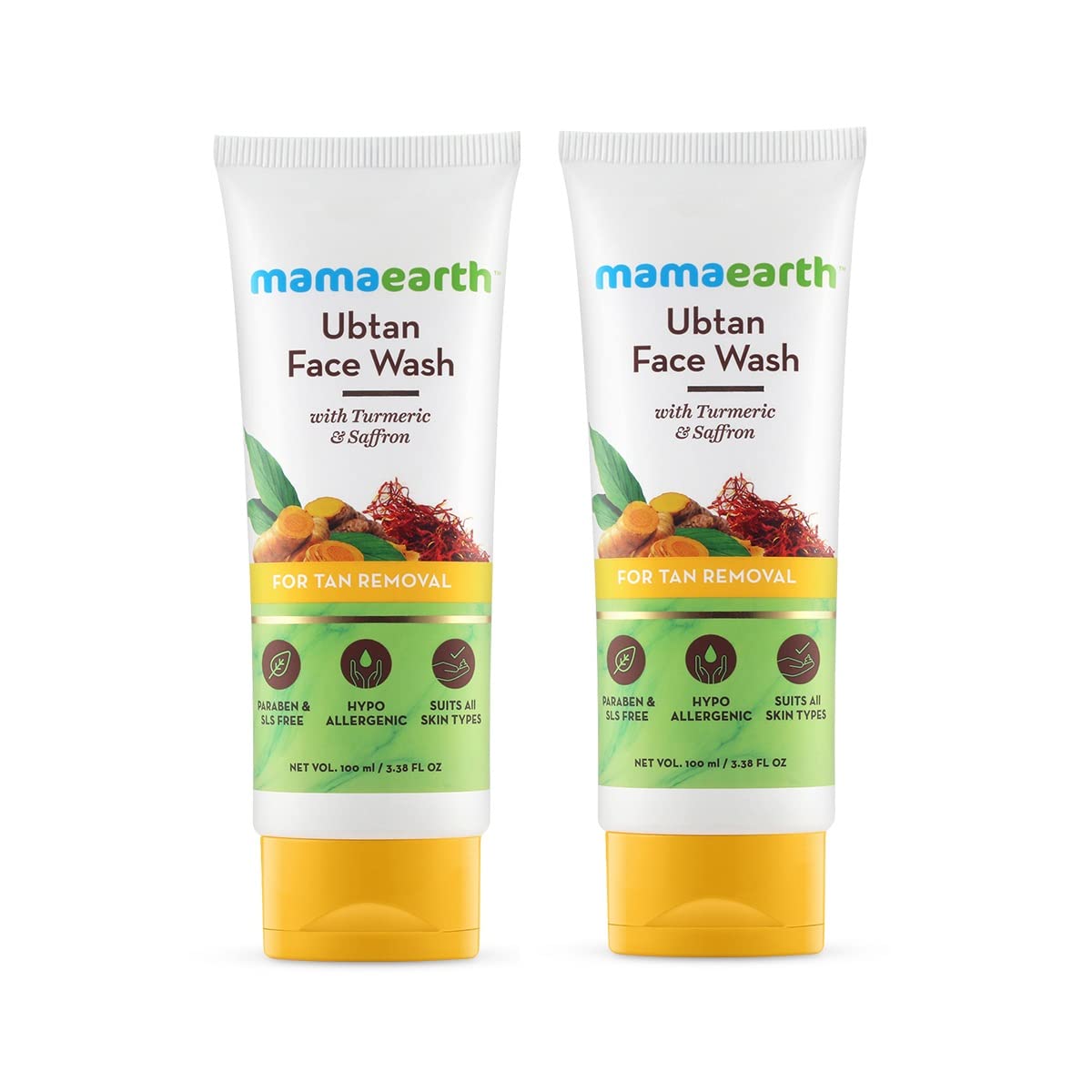 Mamaearth Ubtan Natural Face Wash with Turmeric & Saffron for Tan Removal and Skin Brightening 100 ml (Pack of 2)