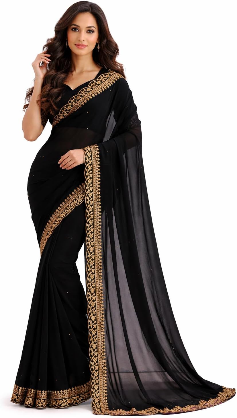 Women's Saree Georgette Golden Embroidery Border Beads work Saree with Blouse Piece