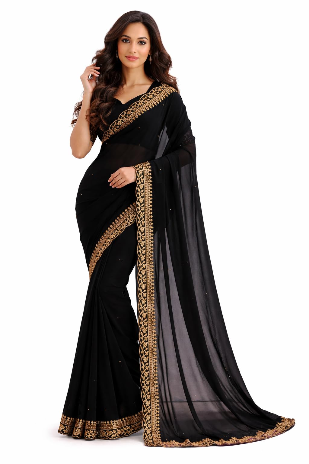 Women's Saree Georgette Golden Embroidery Border Beads work Saree with Blouse Piece