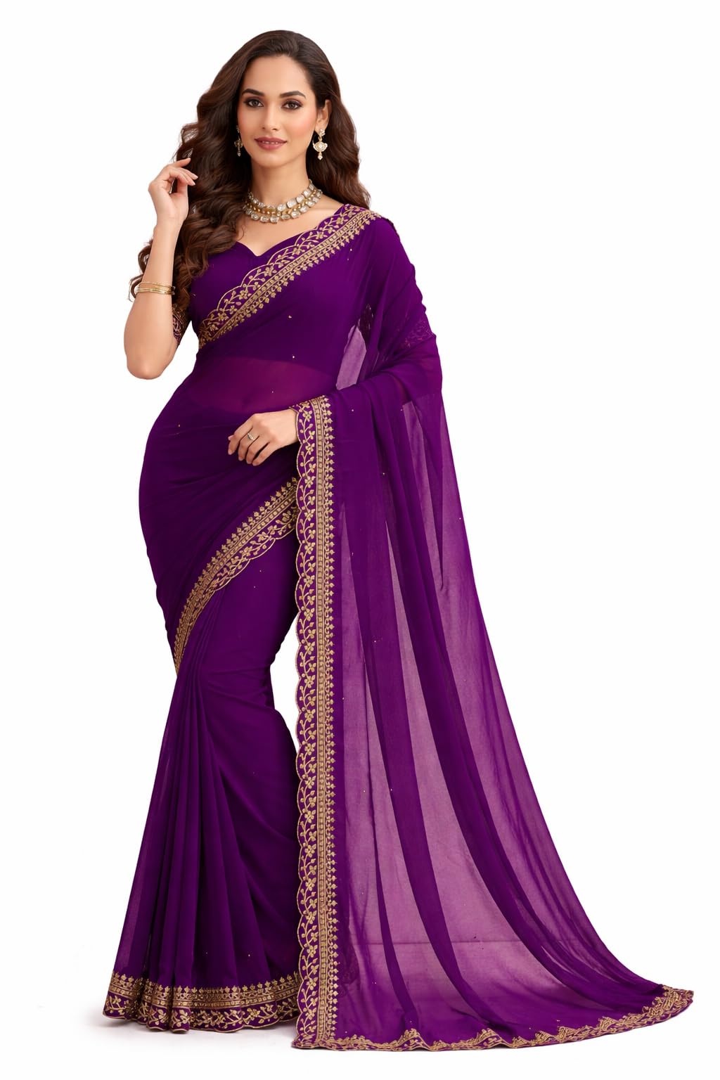 Women's Saree Georgette Golden Embroidery Border Beads work Saree with Blouse Piece