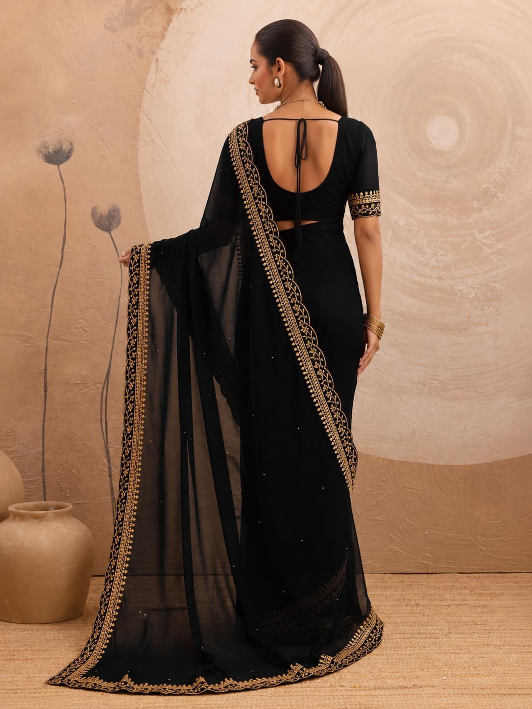 Women's Saree Georgette Golden Embroidery Border Beads work Saree with Blouse Piece