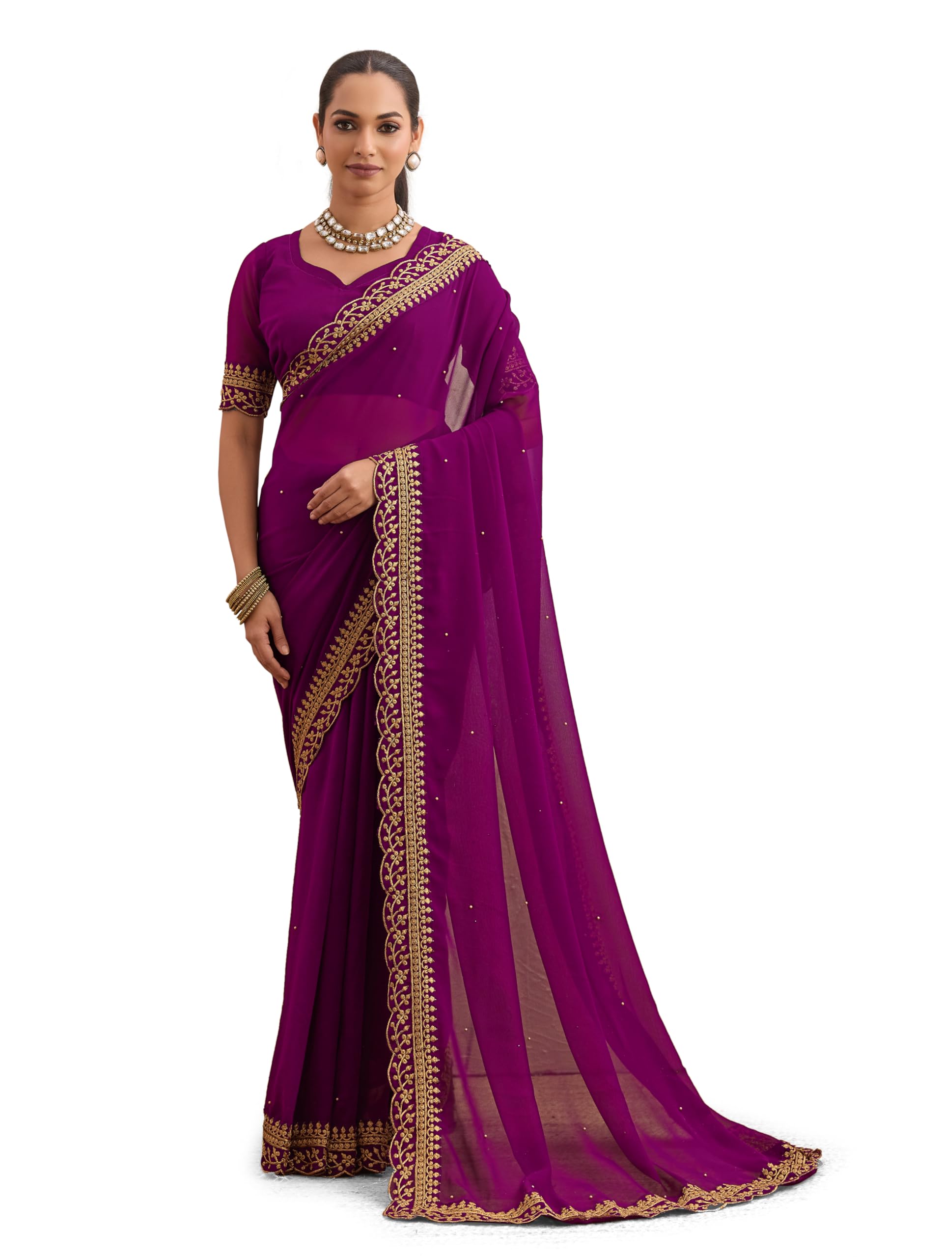 Women's Saree Georgette Golden Embroidery Border Beads work Saree with Blouse Piece