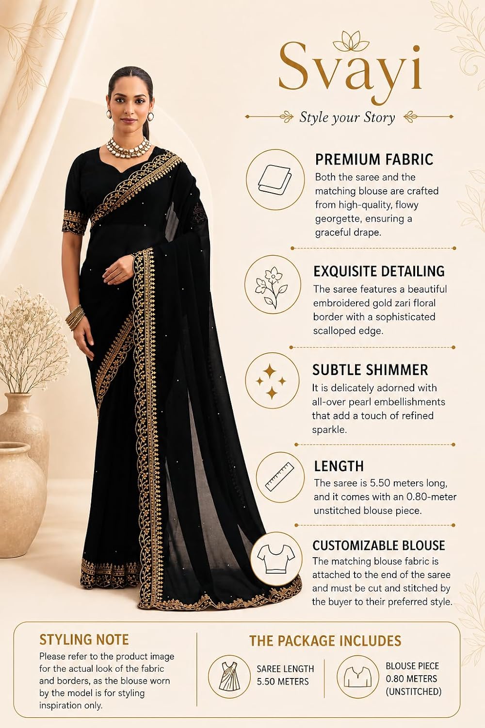 Women's Saree Georgette Golden Embroidery Border Beads work Saree with Blouse Piece