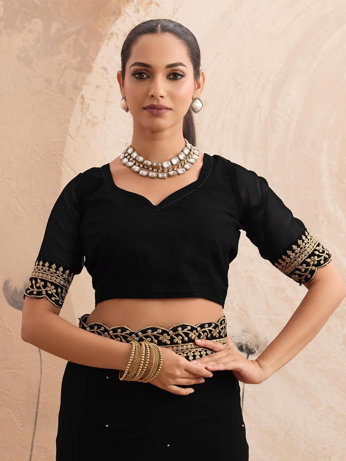 Women's Saree Georgette Golden Embroidery Border Beads work Saree with Blouse Piece
