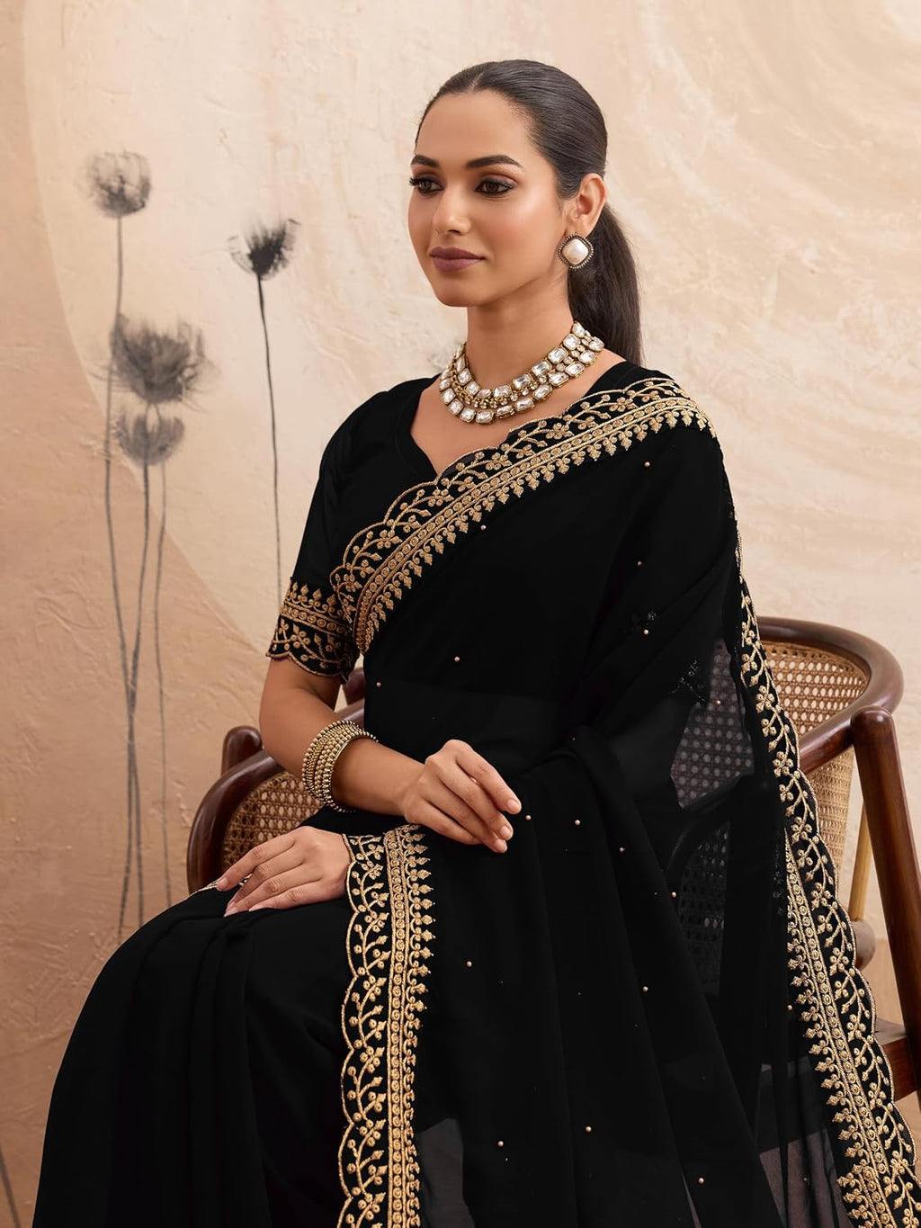 Women's Saree Georgette Golden Embroidery Border Beads work Saree with Blouse Piece