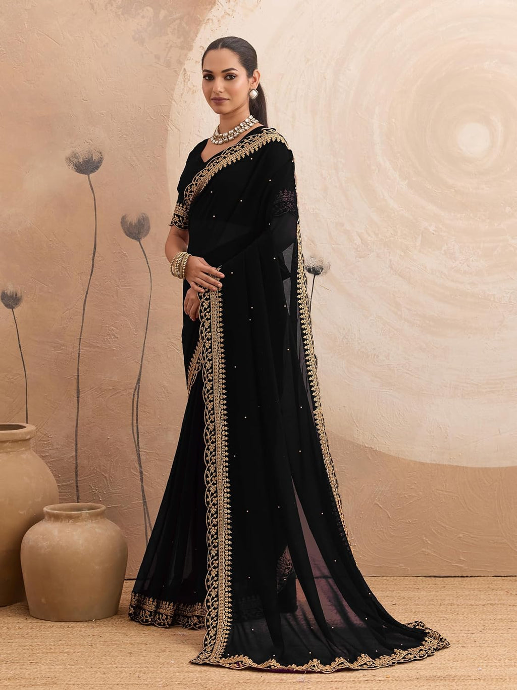 Women's Saree Georgette Golden Embroidery Border Beads work Saree with Blouse Piece