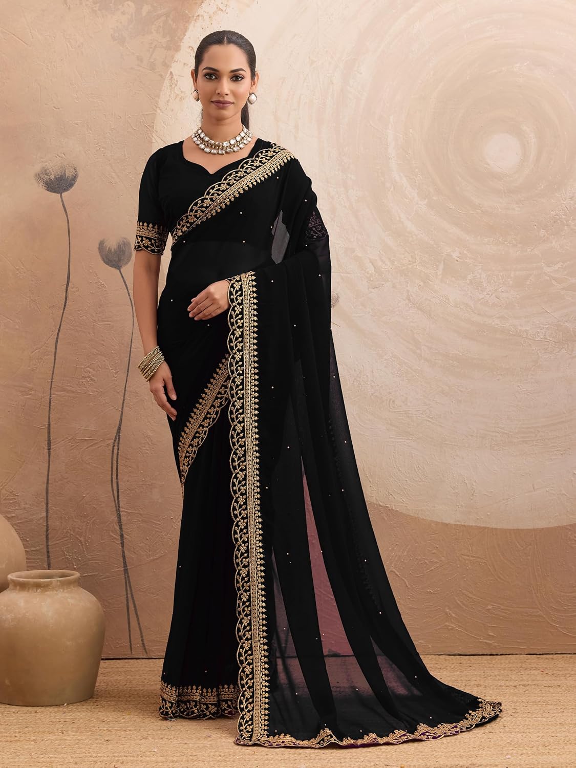 Women's Saree Georgette Golden Embroidery Border Beads work Saree with Blouse Piece