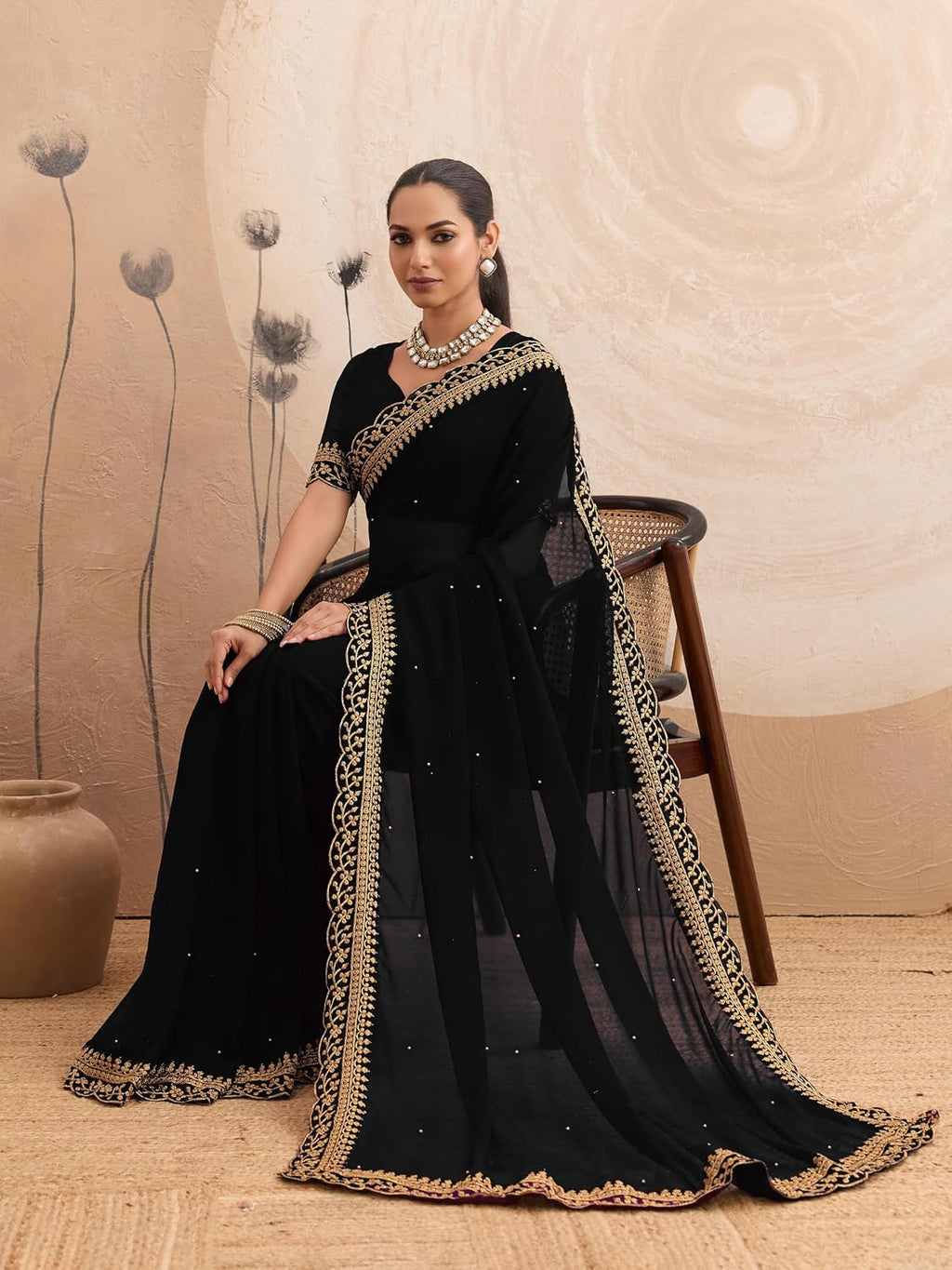 Women's Saree Georgette Golden Embroidery Border Beads work Saree with Blouse Piece