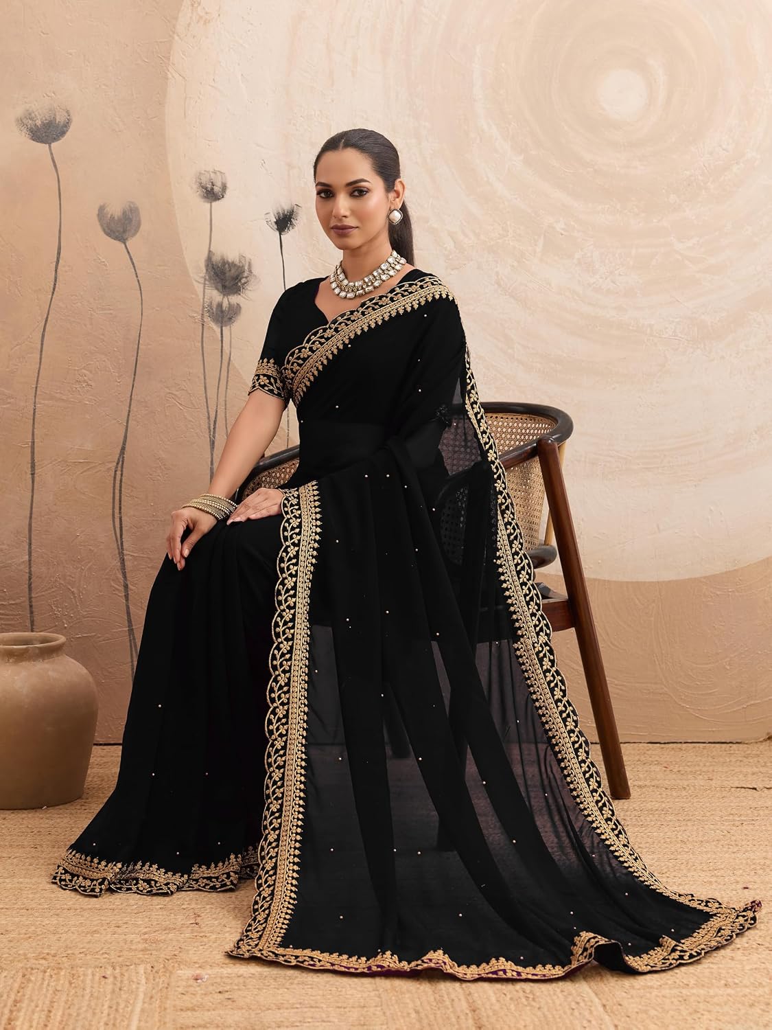 Women's Saree Georgette Golden Embroidery Border Beads work Saree with Blouse Piece